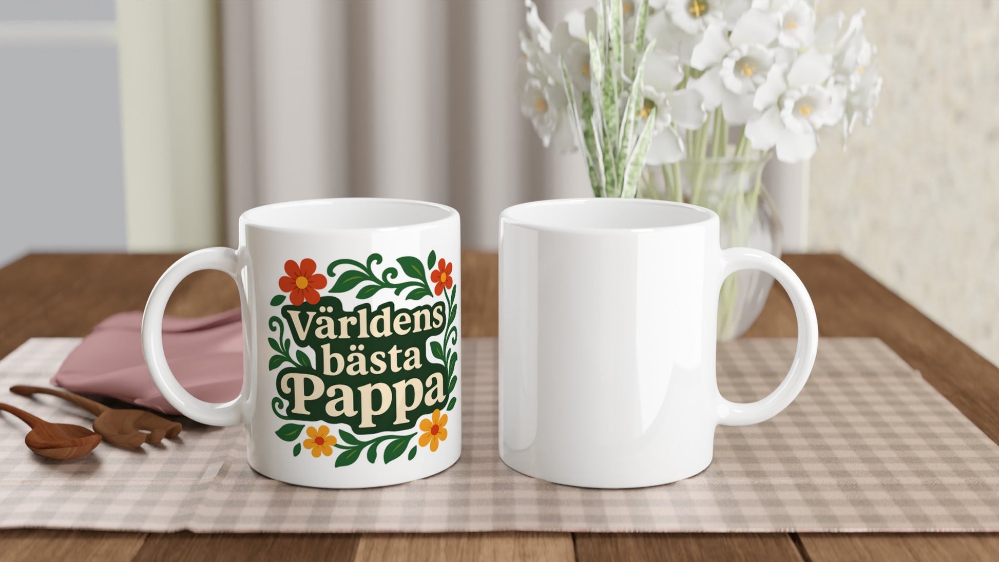 Mugg med florala element och texten Världens bästa pappa. Stilfull och mjuk design för en balanserad känsla.