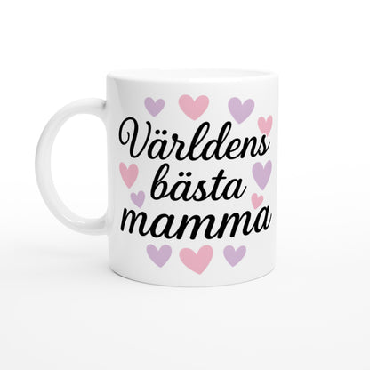 Mugg med hjärtan och texten 'Världens bästa mamma'. Perfekt för kaffe och te.
