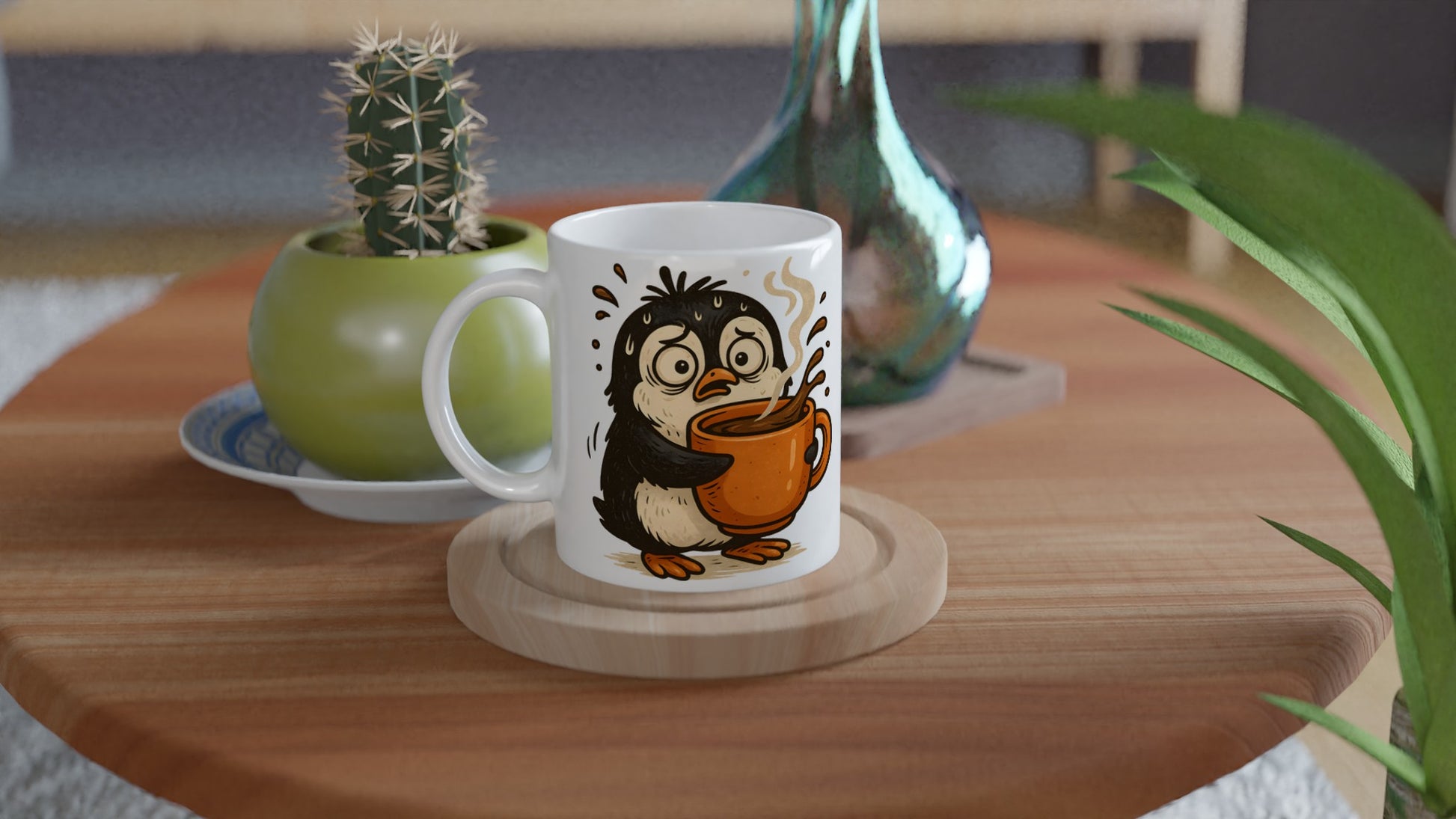 Stressad pingvin dricker kaffe - perfekt för morgonhumöret!