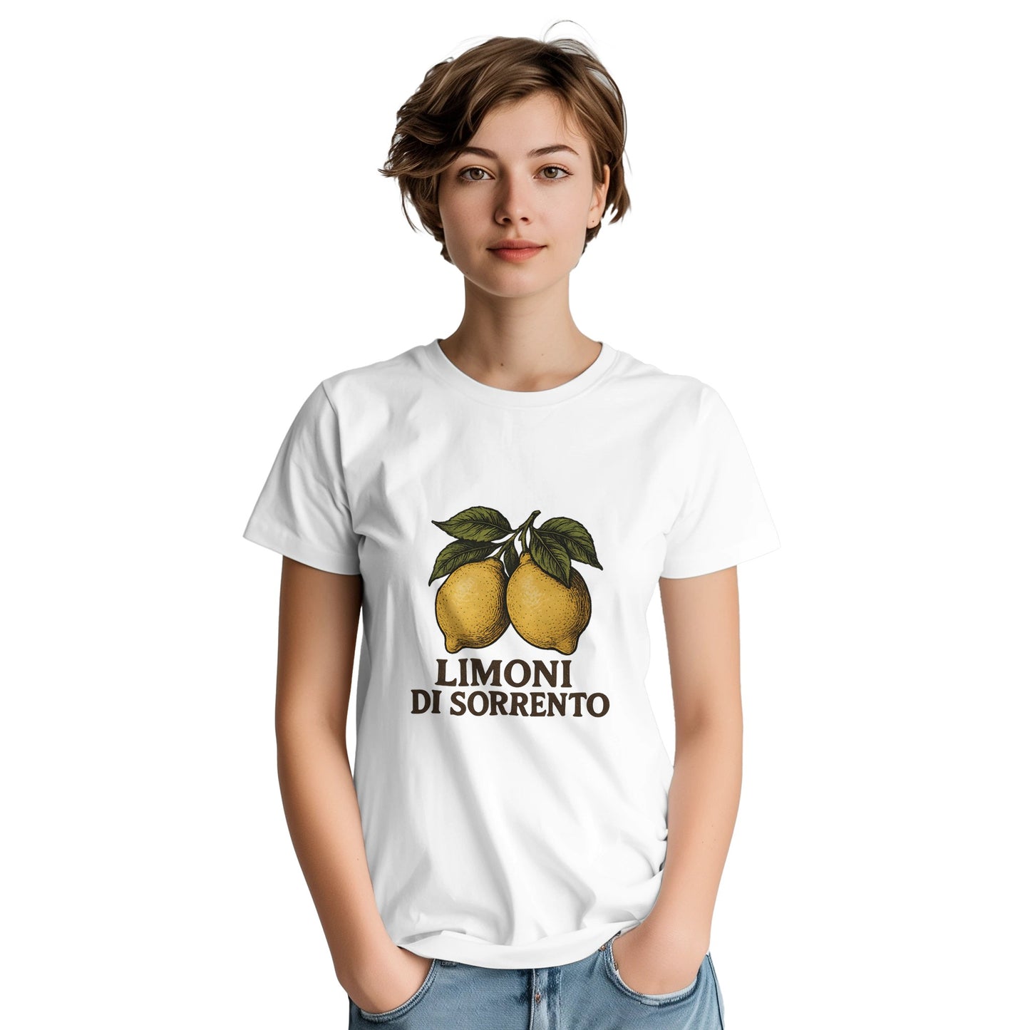 T-shirt med klassiska Sorrentocitroner i vintagestil och texten 'Limoni di Sorrento' under motivet.