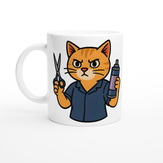 Mugg med katt frisör, sax och hårspray för en purrfekt stylingsession.