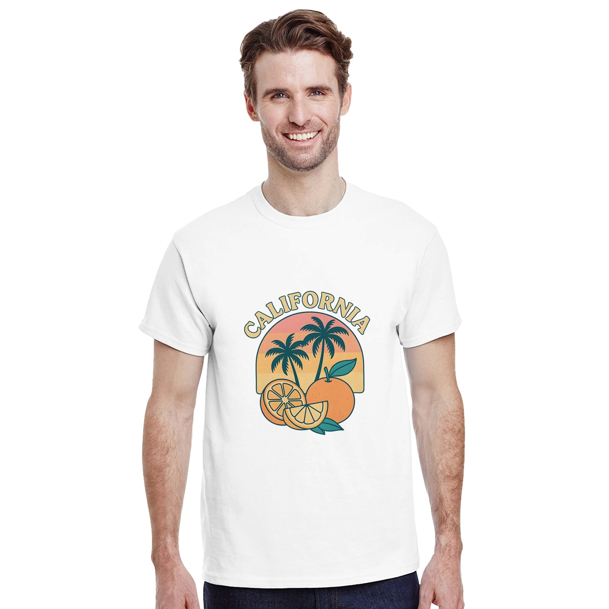 Vintage Cali Vibes - Retrocharm i Kalifornien med solnedgångsdesign av palmer och citrusfrukter.