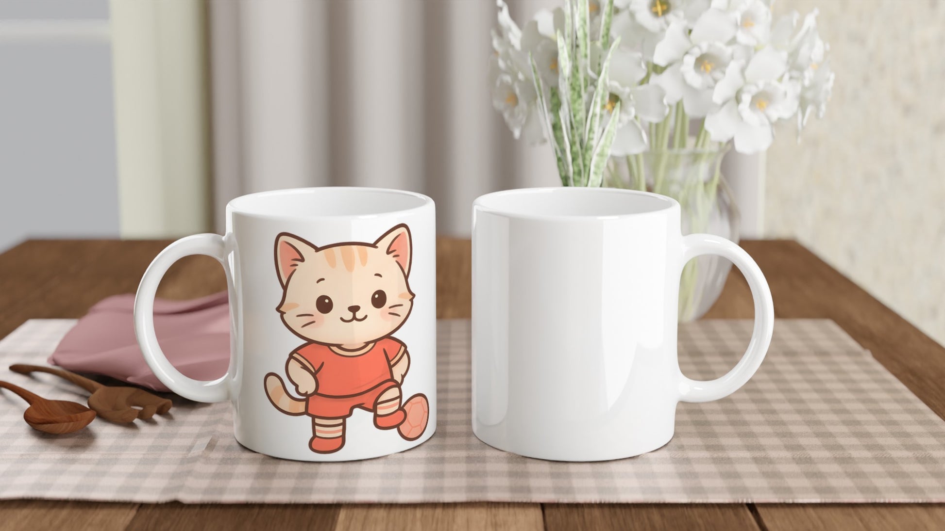 Mugg med rödklädd katt, perfekt för fotbollsfans och kattälskare. Charmigt och unikt motiv.