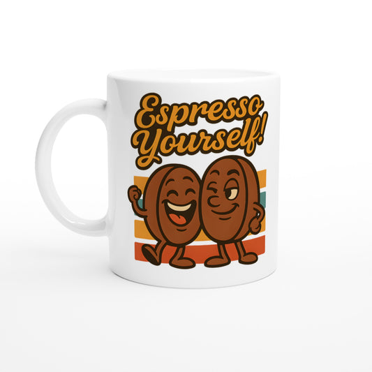 Mugg med kaffebönor och texten 'Espresso Yourself!'. För dig som vill sticka ut.