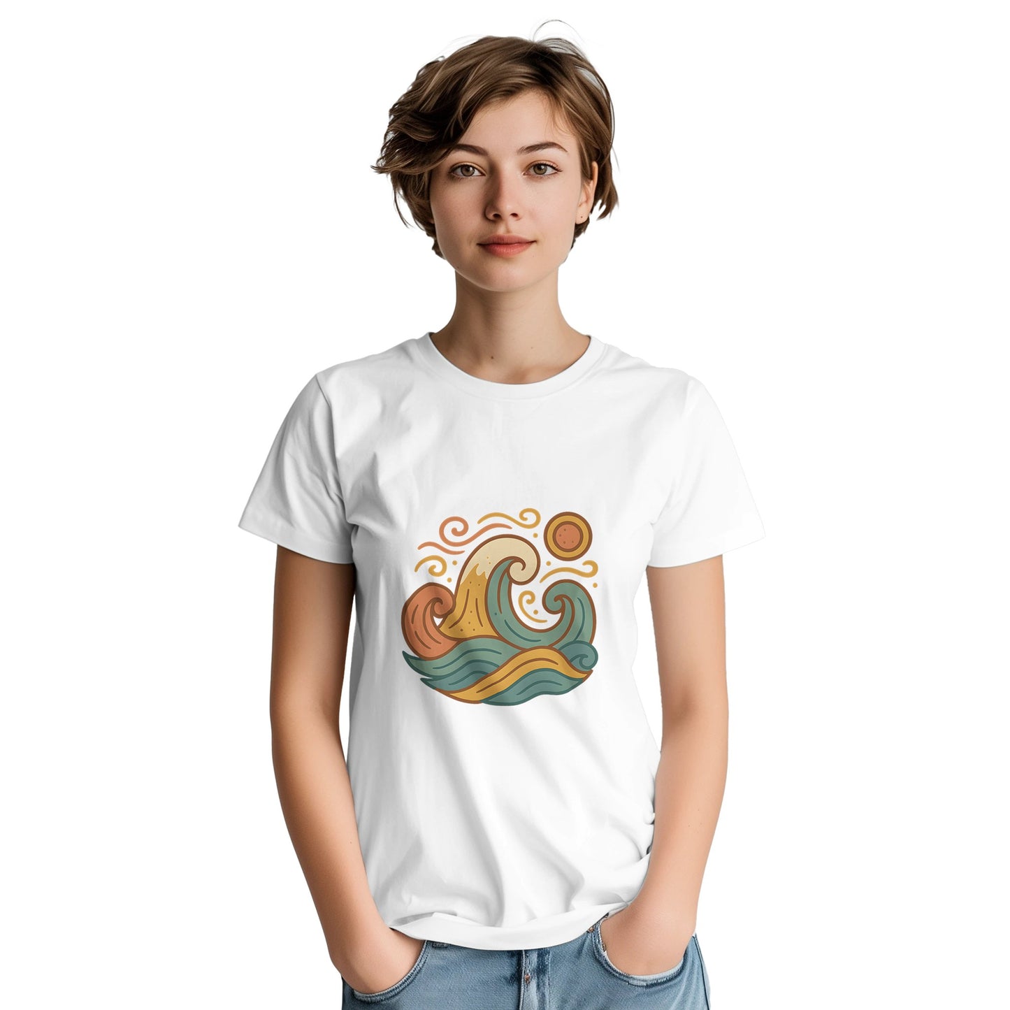 T-shirt med spanska vindar, stiliserade vågor och dämpade medelhavsnyanser. Fångar känslan av varma vindar i Spanien.