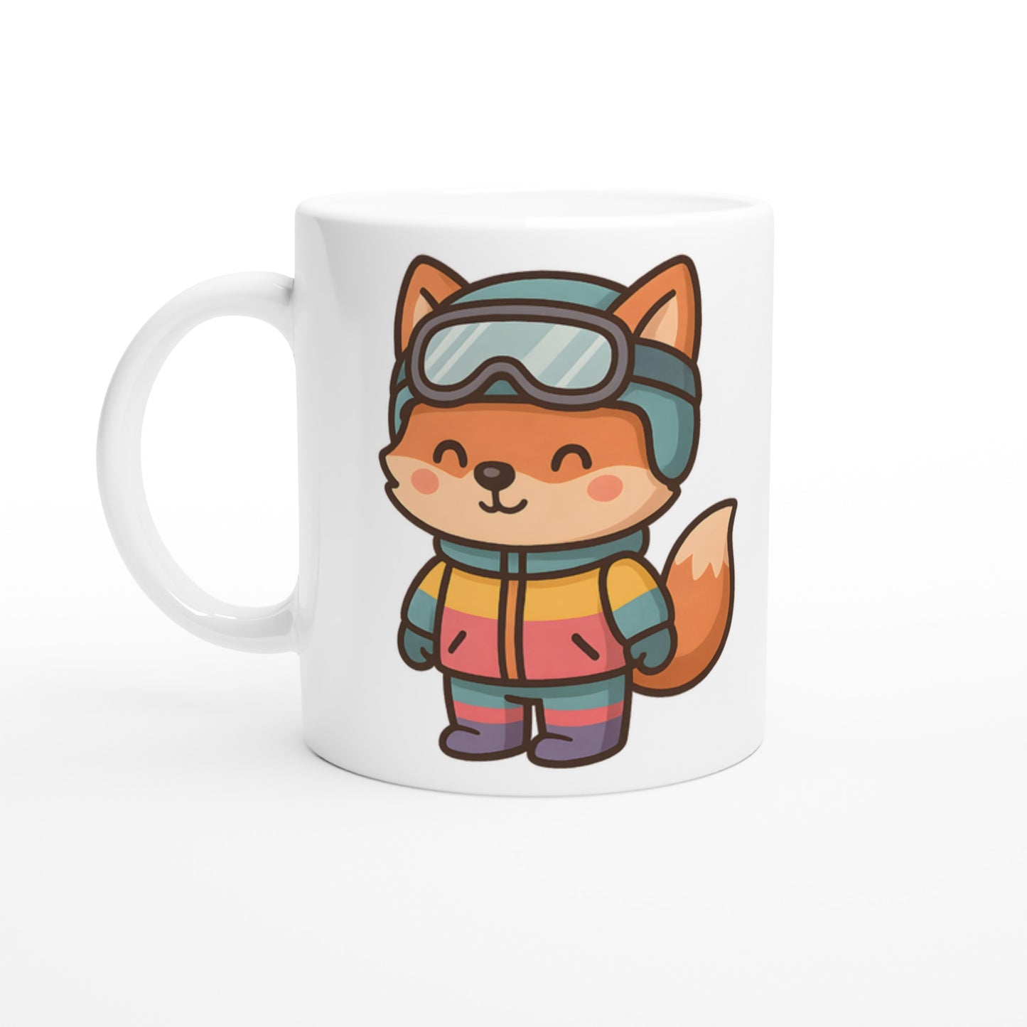 Mugg med färgglad räv på snöbräda för vinterdrömmar och snöäventyr. Skidjacka ingår!
