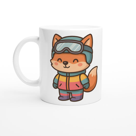 Mugg med färgglad räv på snöbräda för vinterdrömmar och snöäventyr. Skidjacka ingår!