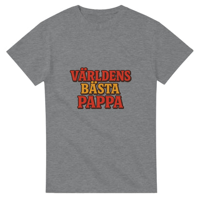 T-shirt med 'Världens bästa pappa' i vintage-stil, röd och gul toning.