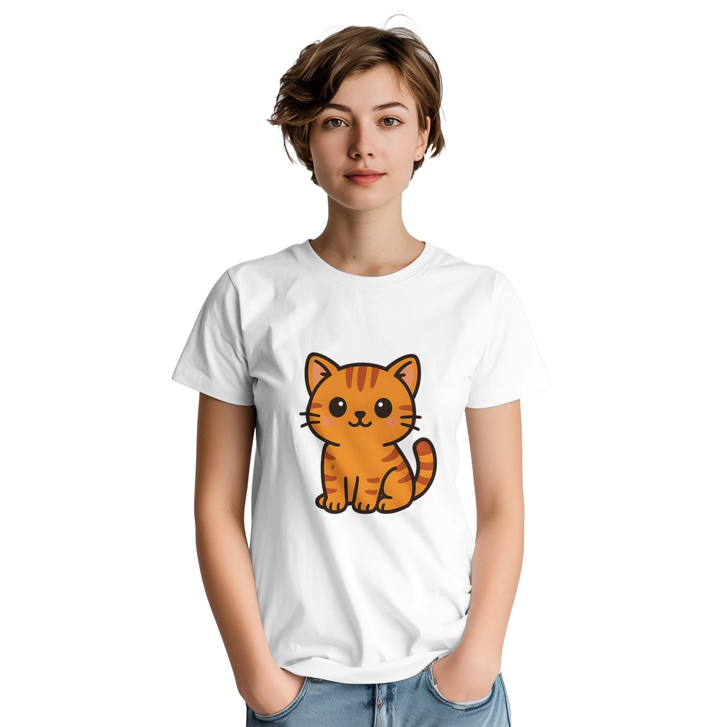 Charmig t-shirt med söt kawaii-katt i orange, perfekt för kattälskare och söta motiv.