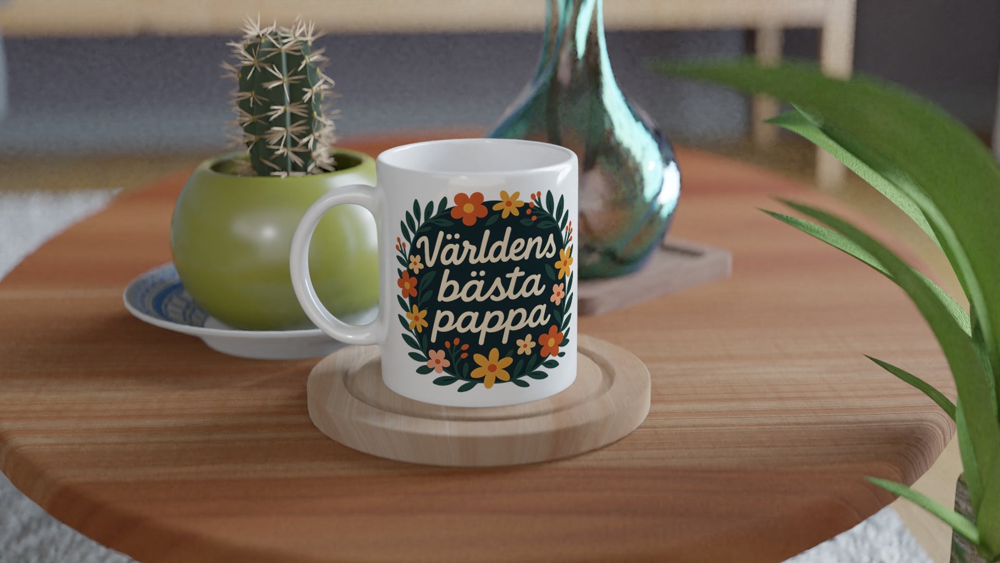 Mugg med blomkrans och text 'Världens bästa pappa' i kompakt design, perfekt för pappa!