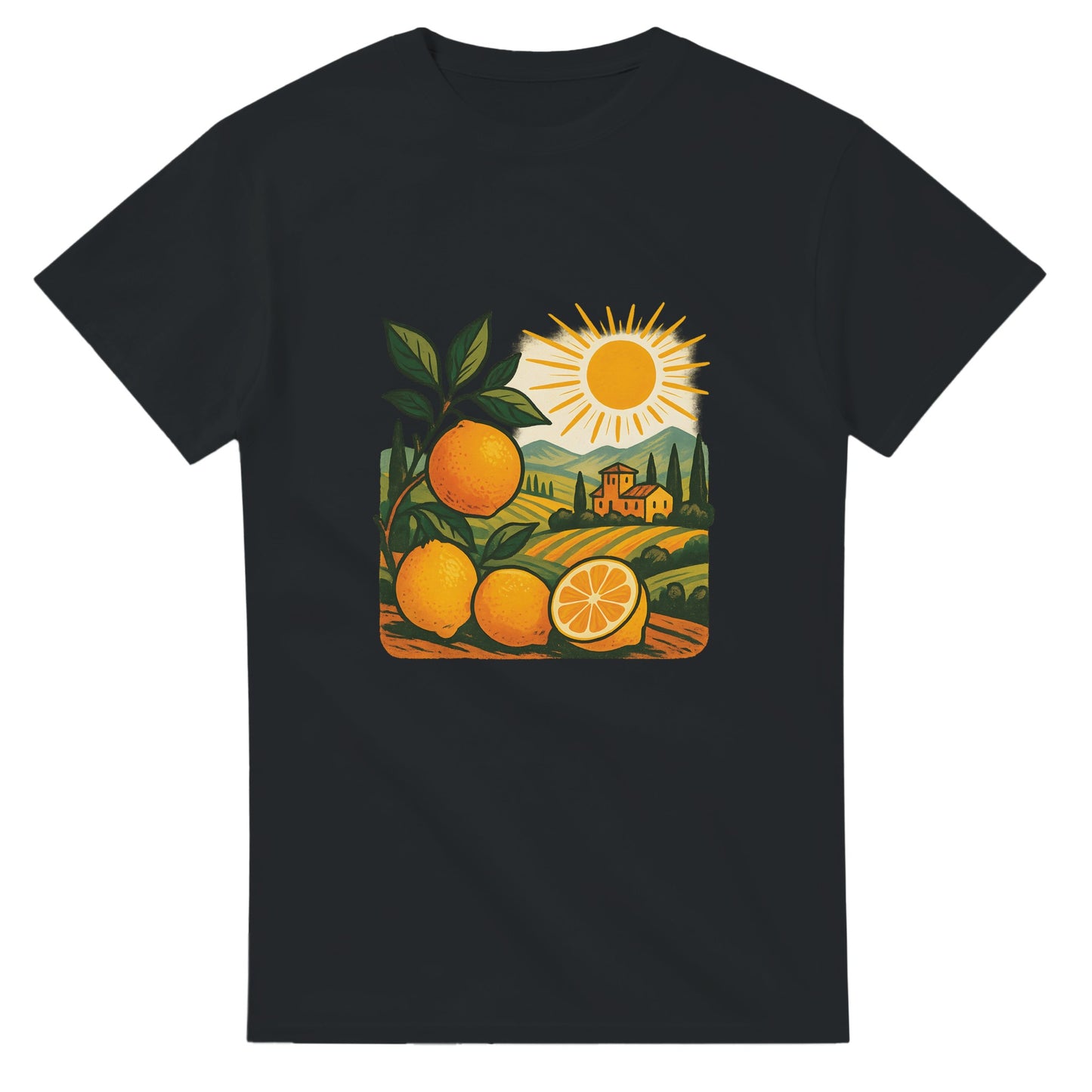 T-shirt med solkust och citrus i vintage stil, perfekt för Italien-fantaster. Toskansk känsla!