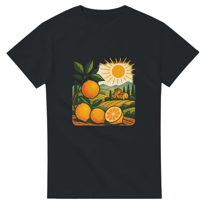 T-shirt med solkust och citrus i vintage stil, perfekt för Italien-fantaster. Toskansk känsla!