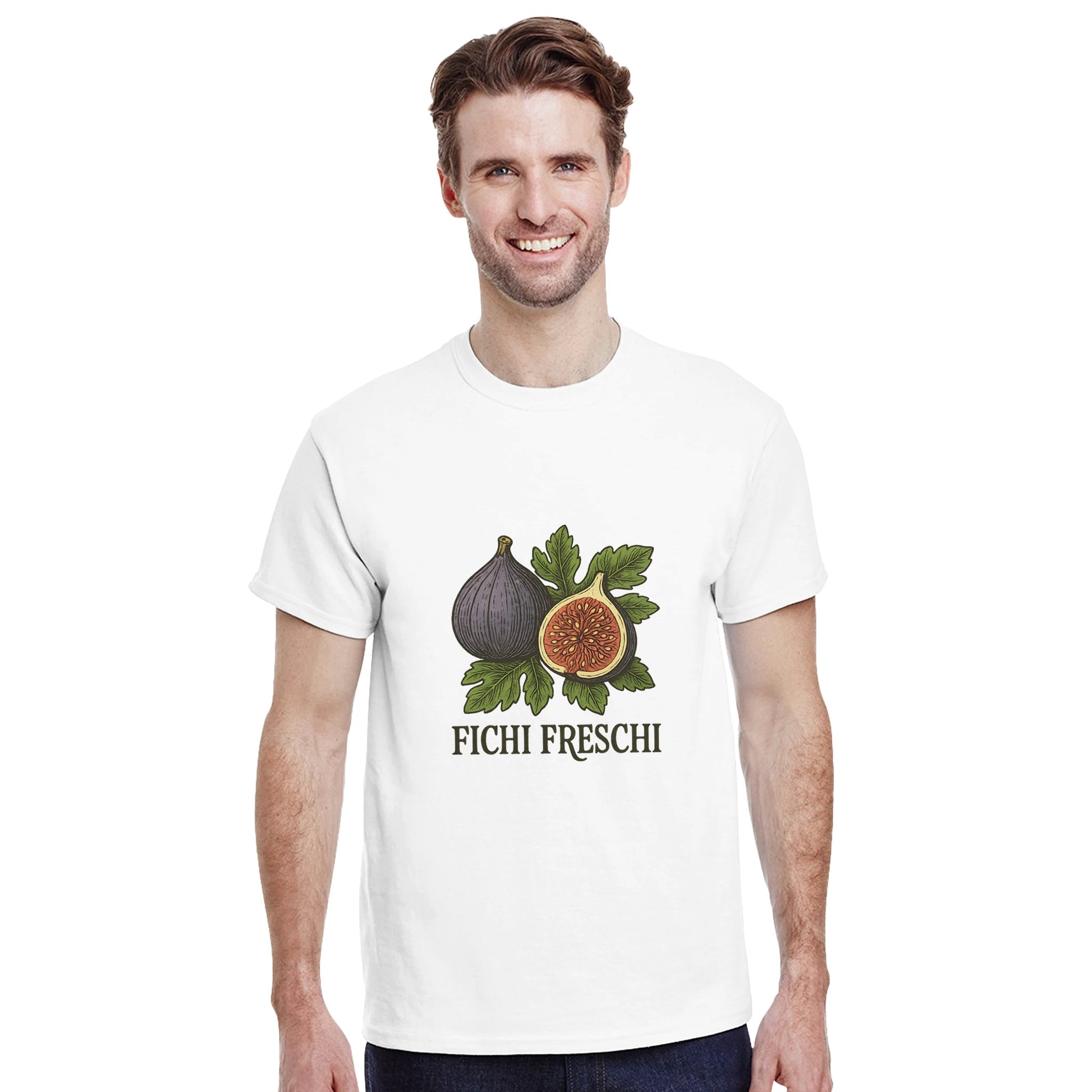 T-shirt med färska fikon och gammaldags italiensk text, Fichi Freschi, på gröna blad.