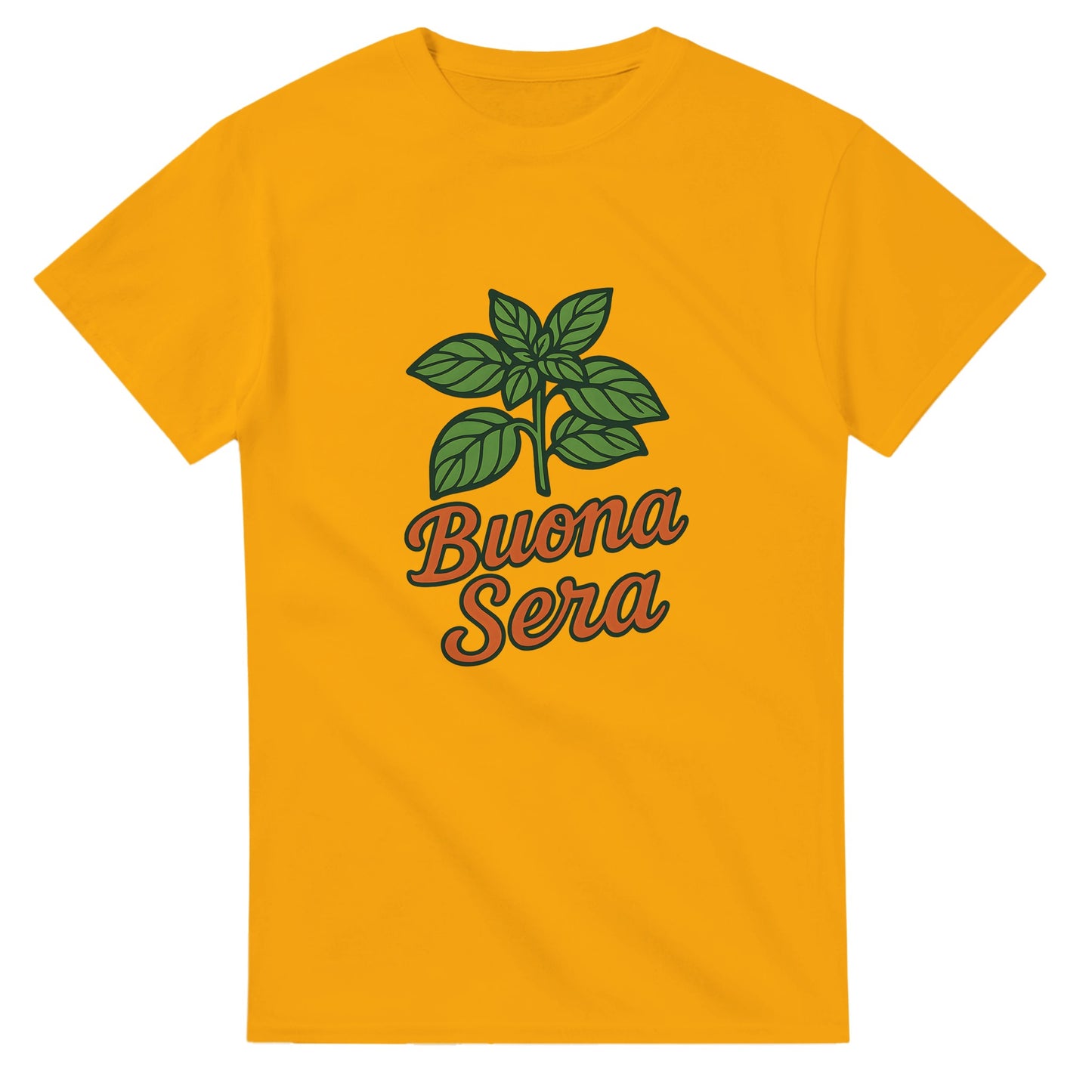 T-shirt med grön basilika & texten 'Buona Sera' i varm orange. Perfekt för dig som älskar italiensk mat & avslappnad stil.