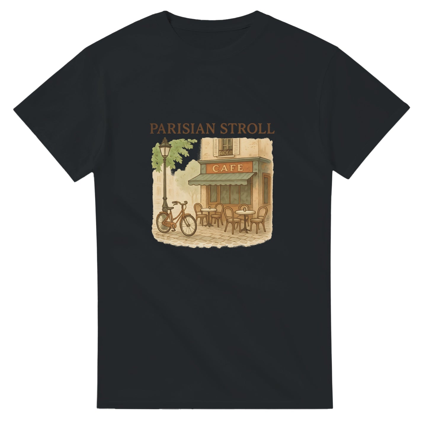 Fransk gata i retrostil på T-shirt för en nostalgisk promenad i Paris.