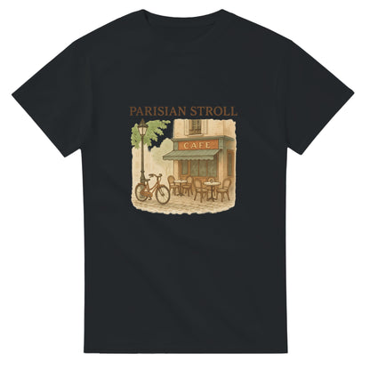 Fransk gata i retrostil på T-shirt för en nostalgisk promenad i Paris.