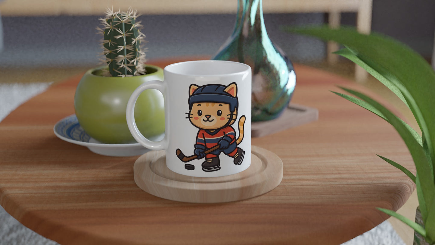 Söt ishockeykatt i matchkläder, redo för spel. Perfekt för katt- och ishockeyälskare.
