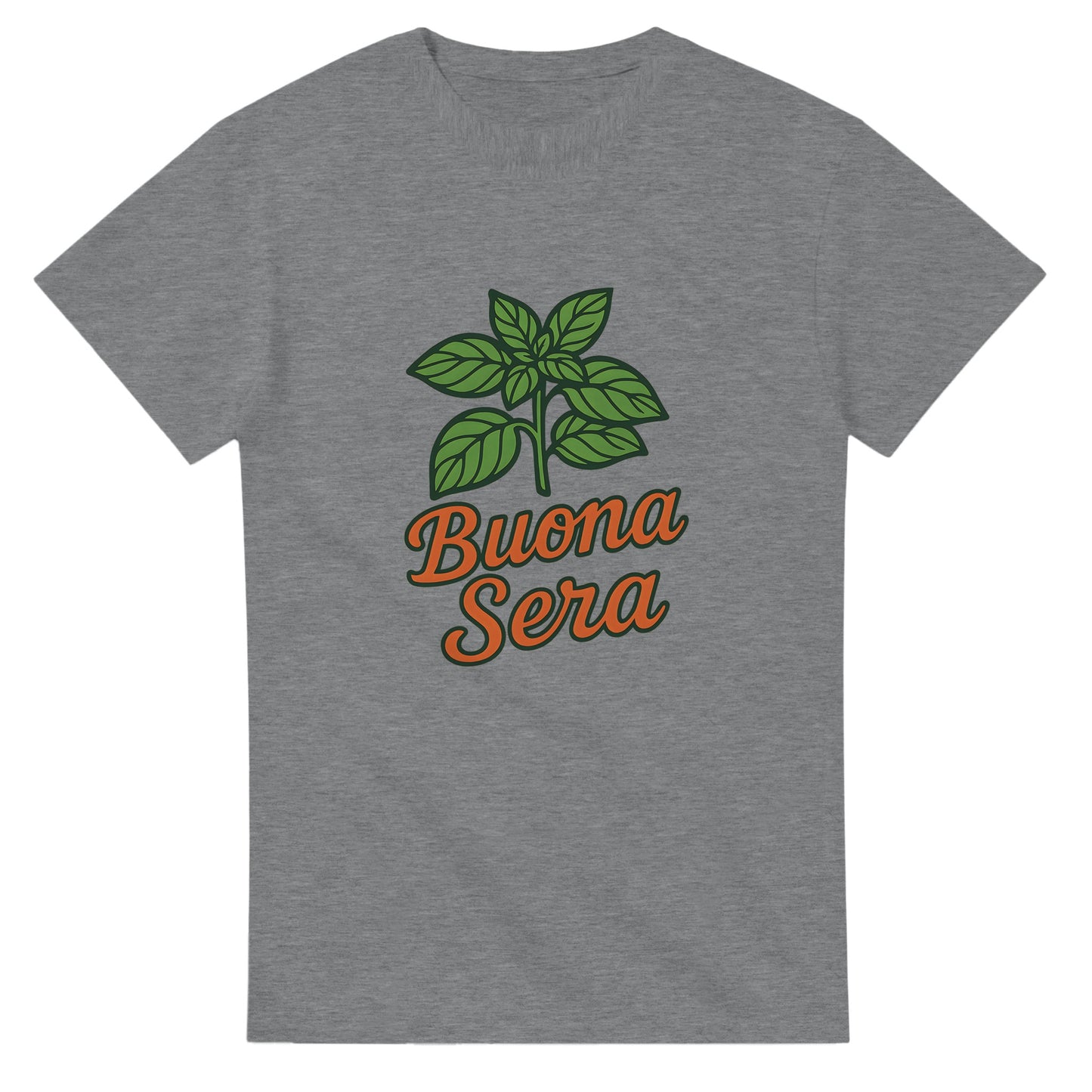 T-shirt med grön basilika & texten 'Buona Sera' i varm orange. Perfekt för dig som älskar italiensk mat & avslappnad stil.