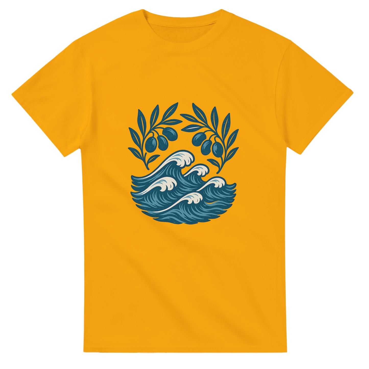 Tidlös T-shirt med grekisk charm, olivgrenar och kustlandskap. Bär stolt Olivträdets Charm.