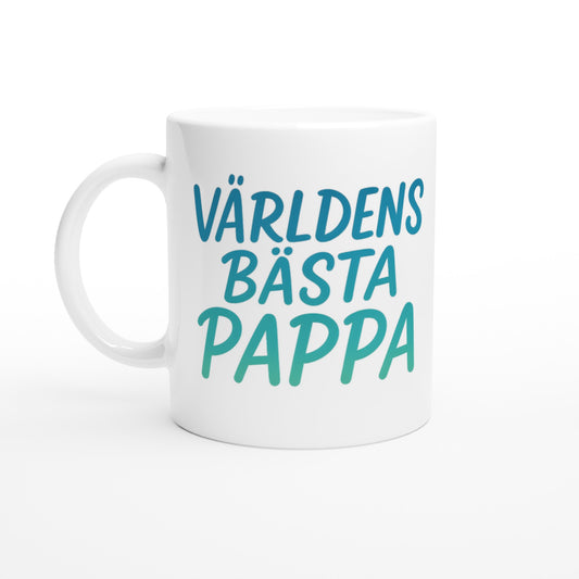 Mugg med handskriven text i grönt och blått, perfekt present för världens bästa pappa.