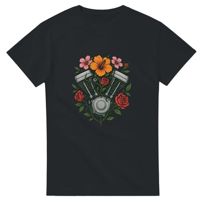 T-shirt med Speed Blossom-motiv, blommor runt motor, symbol för styrka och skönhet, motiverande text.