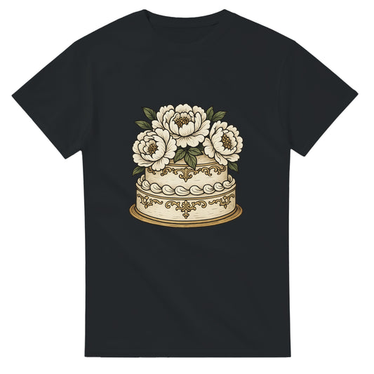T-shirt med vitt porslin och eleganta pioner som ger en klassisk och gräddig känsla av sekelskiftet.