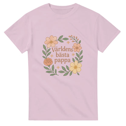 T-shirt med blommor och texten 'Världens bästa pappa'. Mjuka, stilrena toner för att fira pappa.