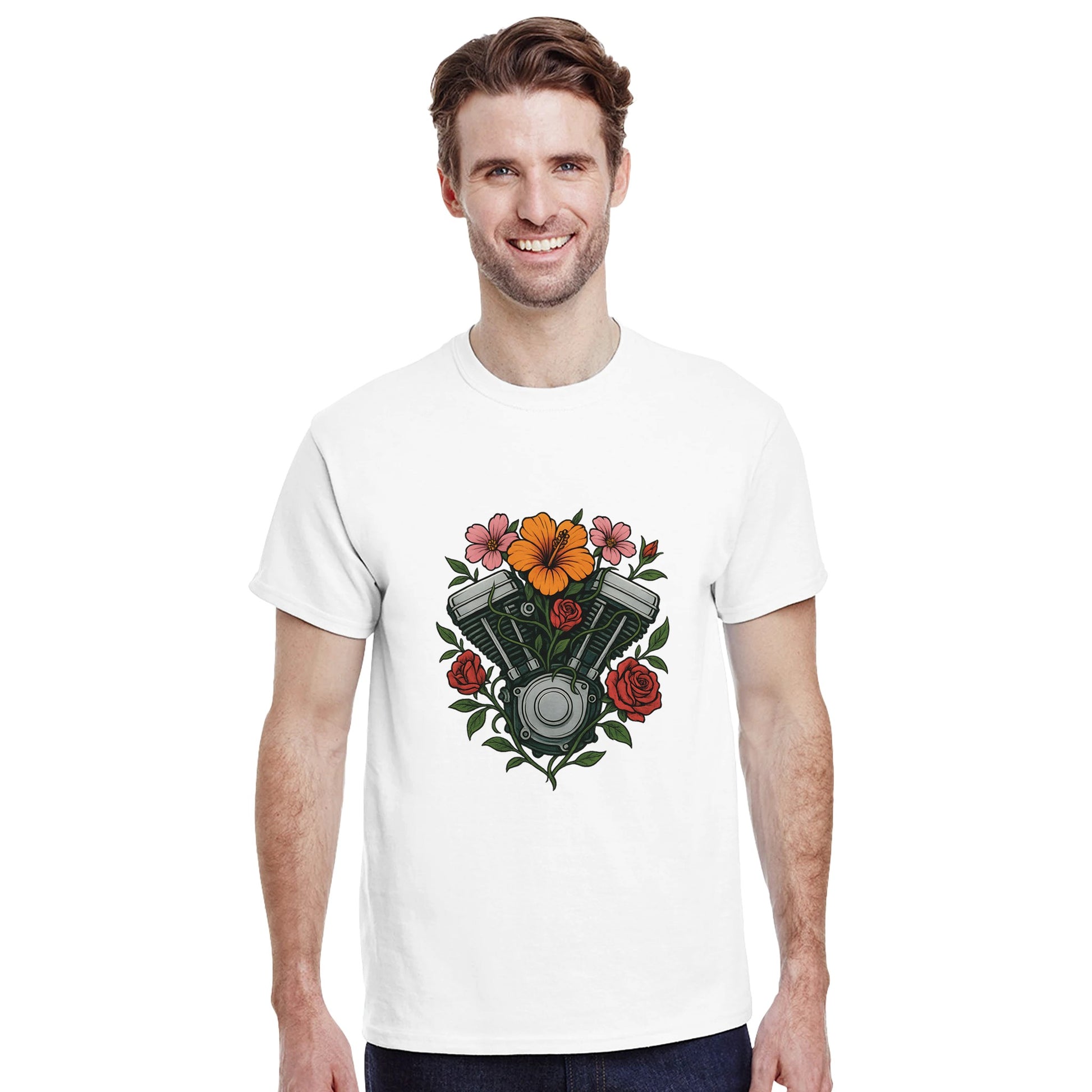 T-shirt med Speed Blossom-motiv, blommor runt motor, symbol för styrka och skönhet, motiverande text.