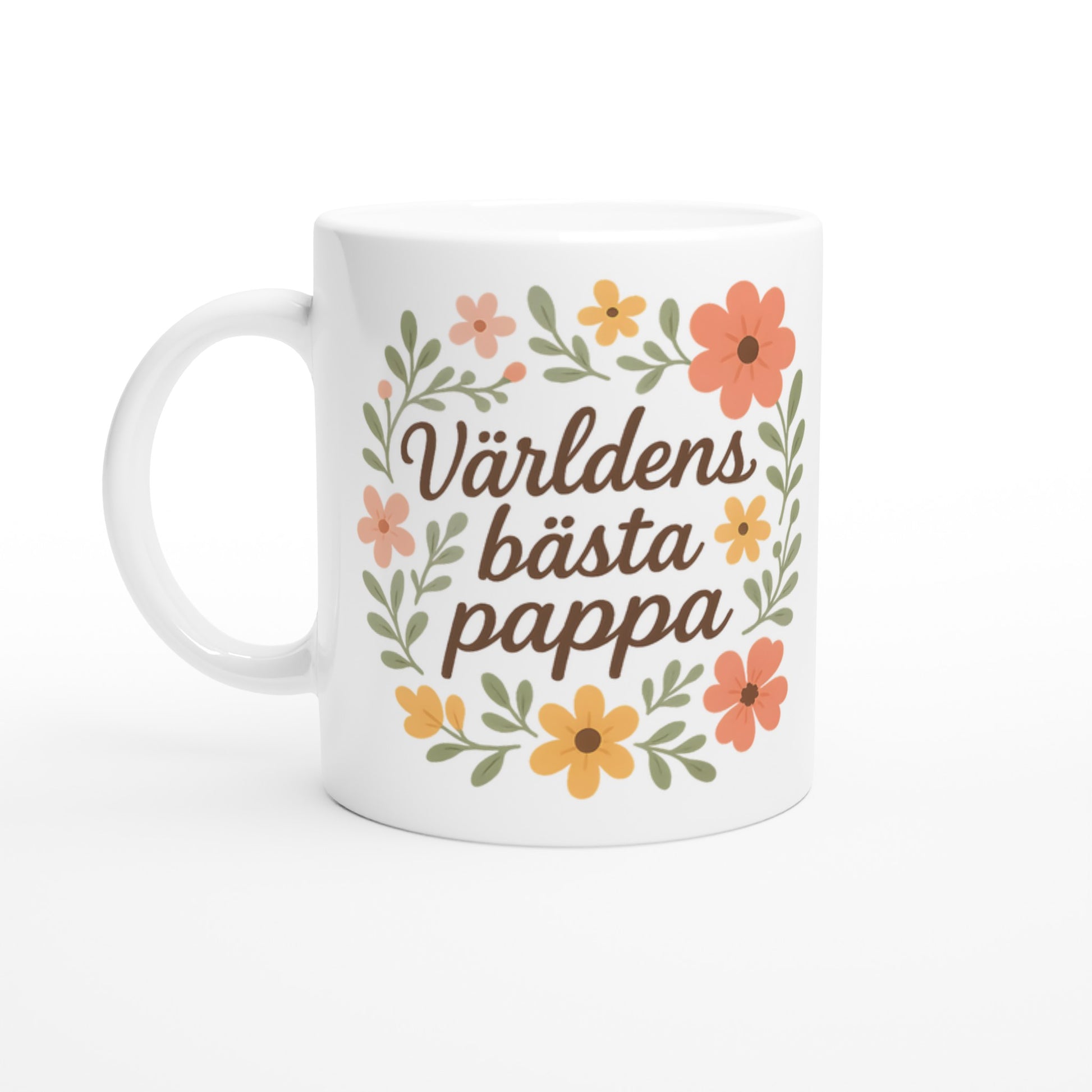 Elegant mugg med texten Världens bästa pappa och blommiga mönster. Perfekt för att visa kärlek och uppskattning.