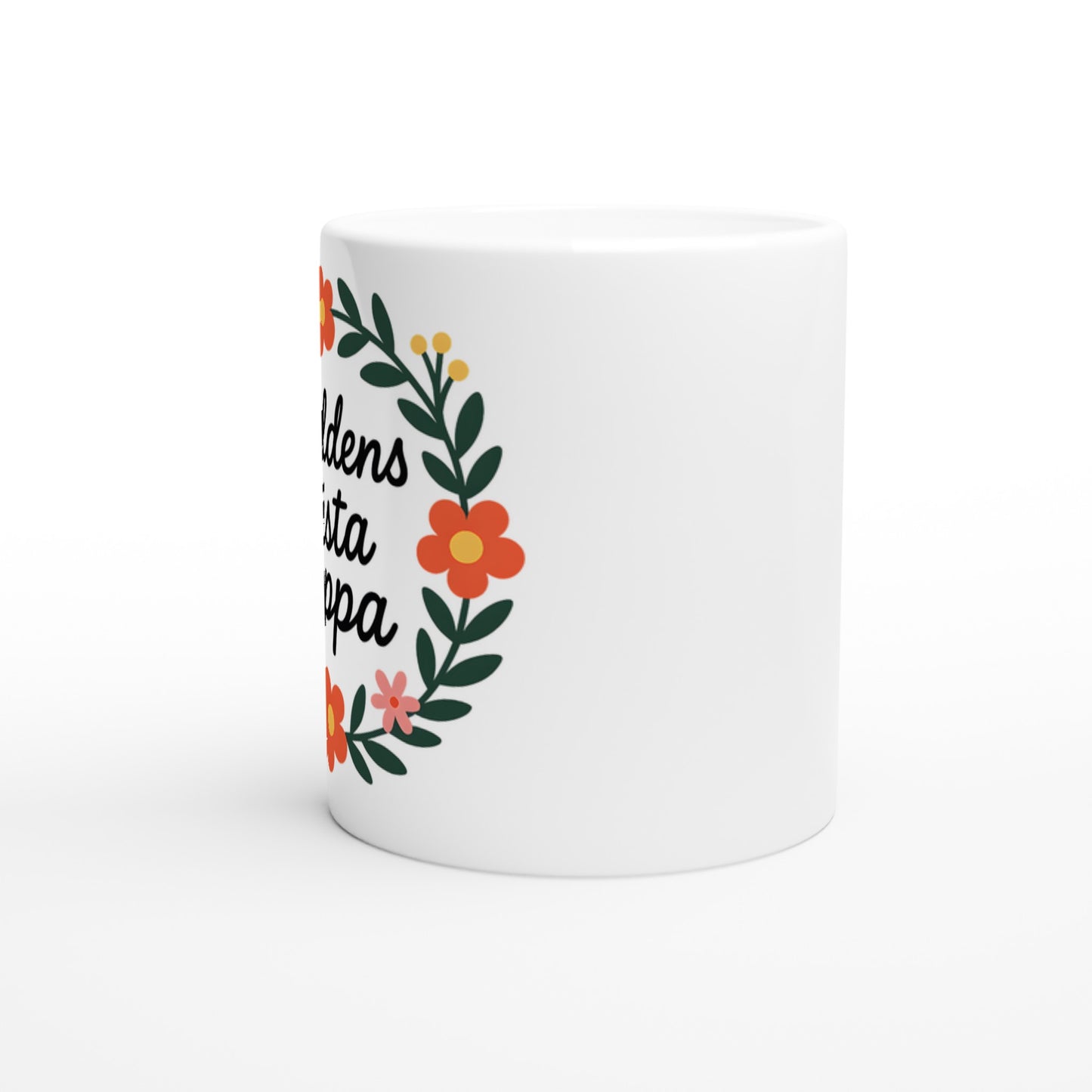 Mugg med texten 'Världens bästa pappa' i blomsterkrans, handskriven stil. Visa uppskattning.