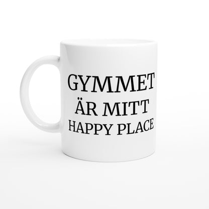 Mugg med texten 'Gymmet är Mitt Happy Place', perfekt för dig som älskar att träna och skratta.