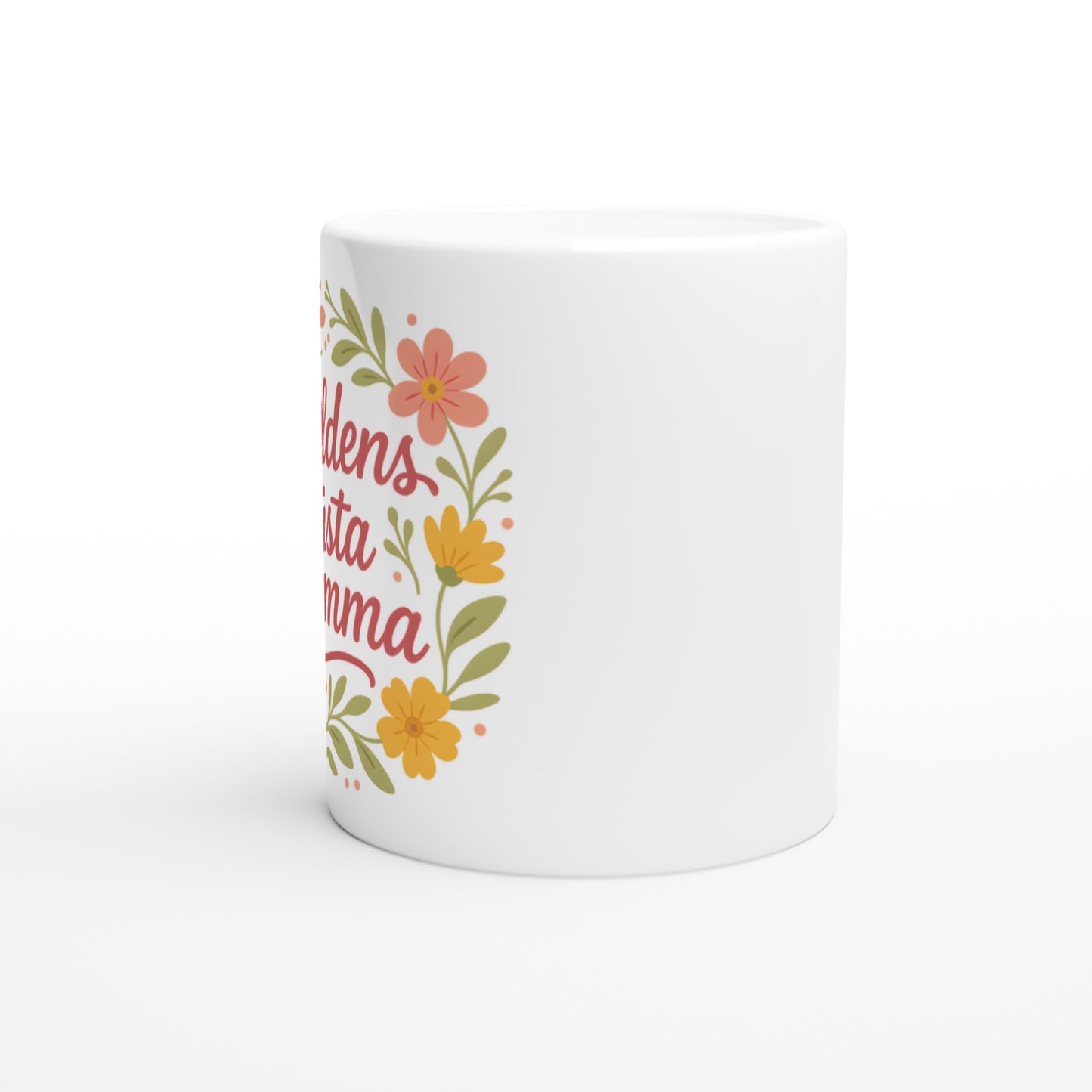 Mugg med texten 'Världens bästa mamma' och blommor som kramar. Perfekt för den kärleksfulla mamman!