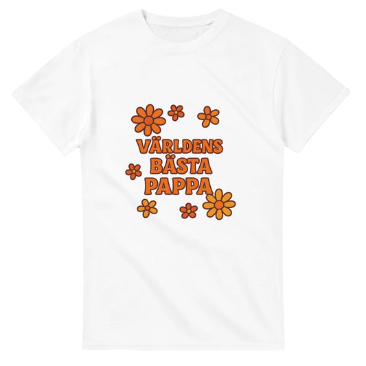T-shirt med 'Världens bästa pappa' och dekorativa blommor i varma färger.