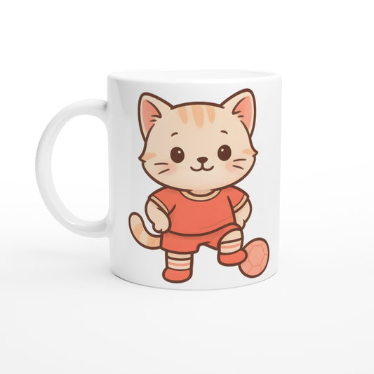 Mugg med rödklädd katt, perfekt för fotbollsfans och kattälskare. Charmigt och unikt motiv.