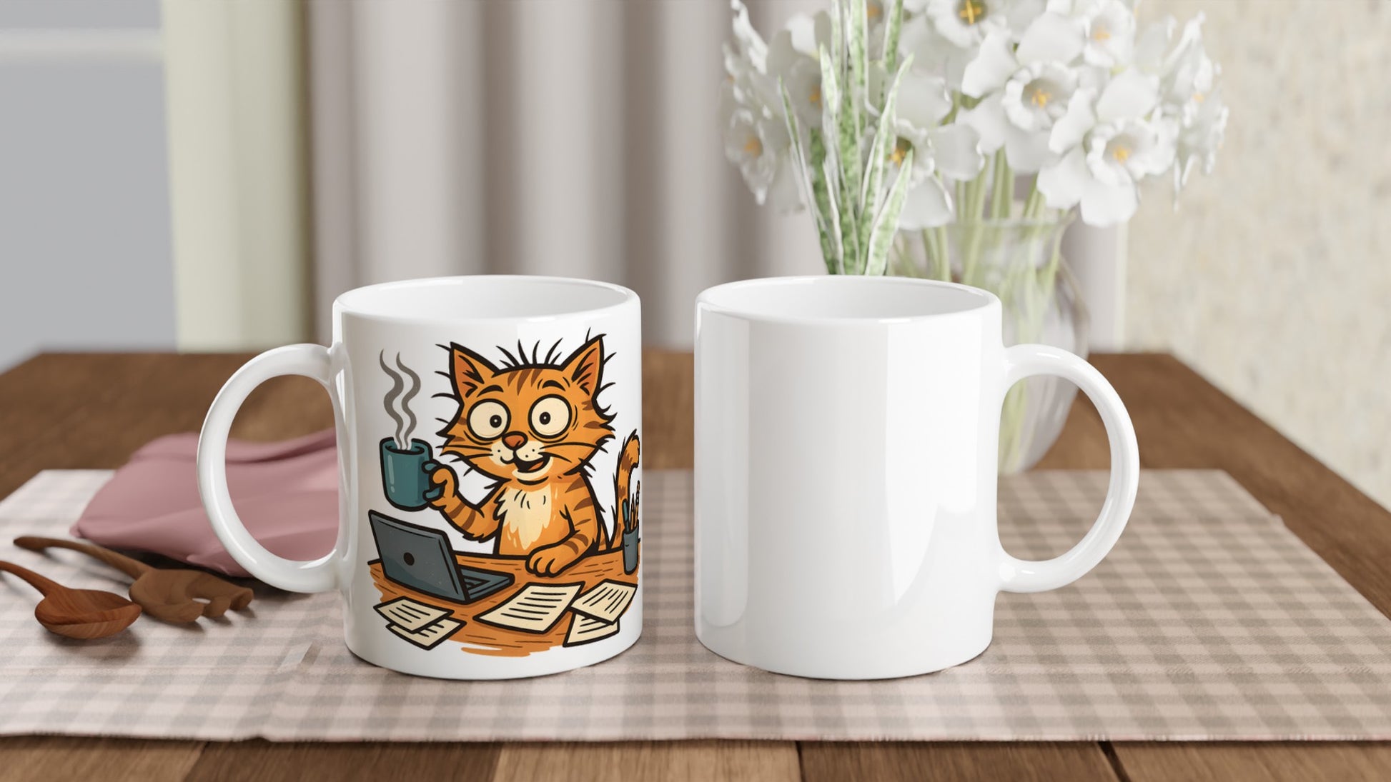 Kaffemugg med stressad kattmotiv, perfekt för kattälskare som kämpar med morgonkaffet. 