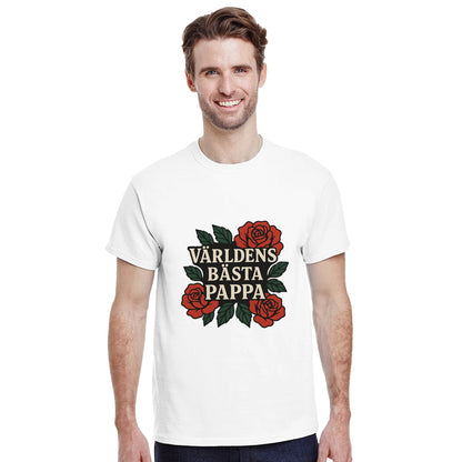 Elegant T-shirt för pappa med texten 'Världens bästa pappa' och stilfulla rosor.