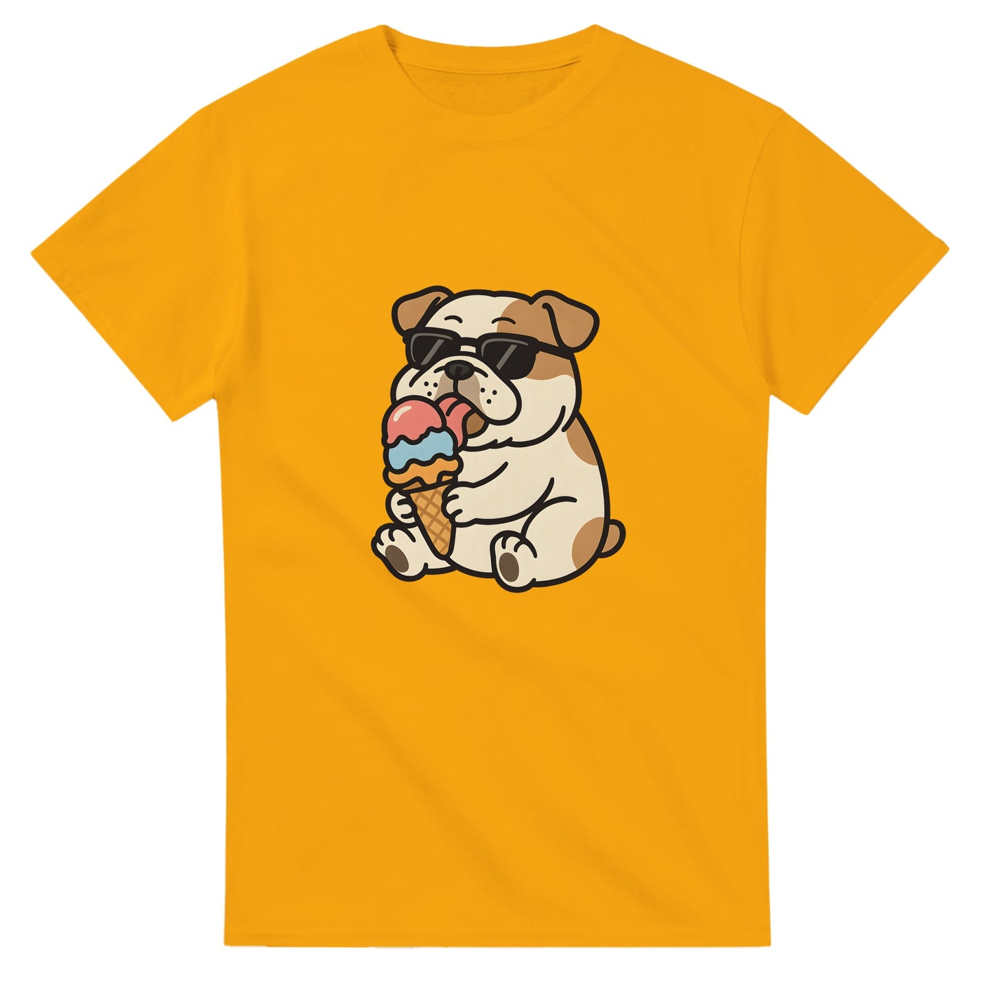 T-shirt med glad bulldog som njuter av en färgglad glass. Perfekt för hundälskare.