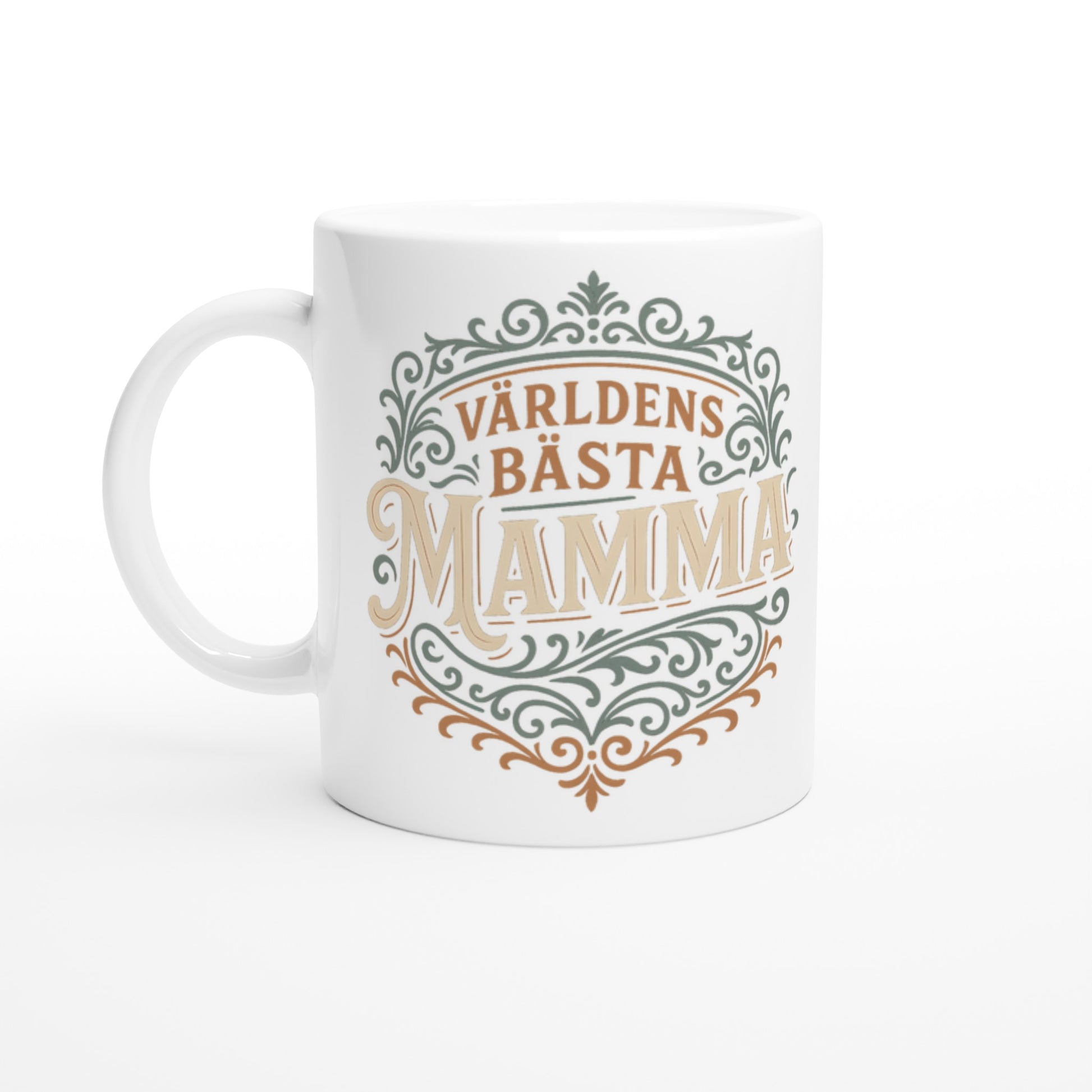 Mugg med texten 'Världens Bästa Mamma' i elegant vintage design. Perfekt gåva till mamma.