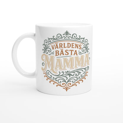 Mugg med texten 'Världens Bästa Mamma' i elegant vintage design. Perfekt gåva till mamma.