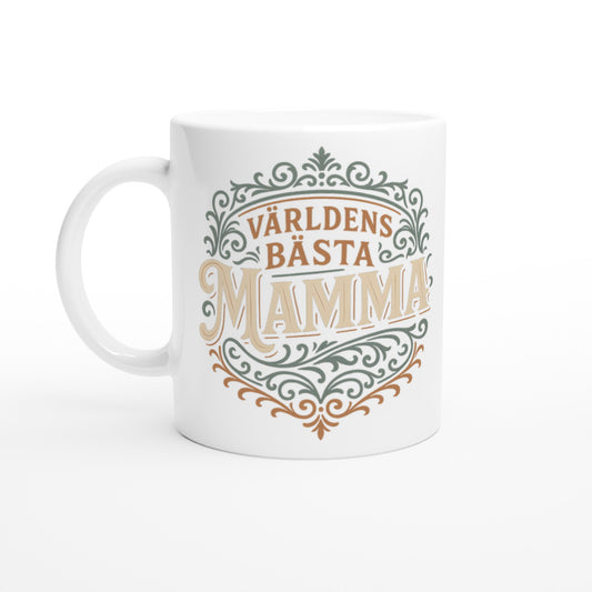 Mugg med texten 'Världens Bästa Mamma' i elegant vintage design. Perfekt gåva till mamma.