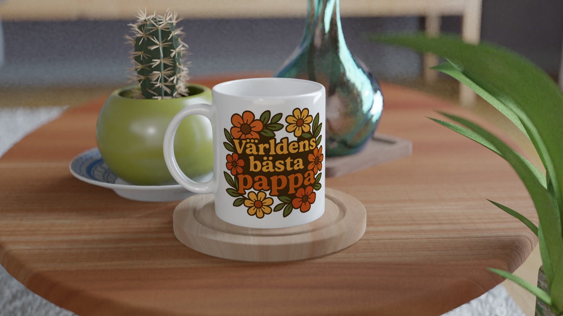 Mugg med blommor och texten 'Världens bästa pappa' för en extra varm kaffestund.