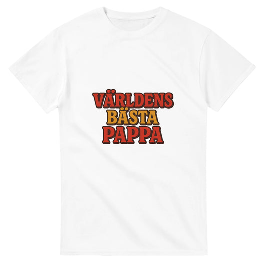 T-shirt med 'Världens bästa pappa' i vintage-stil, röd och gul toning.