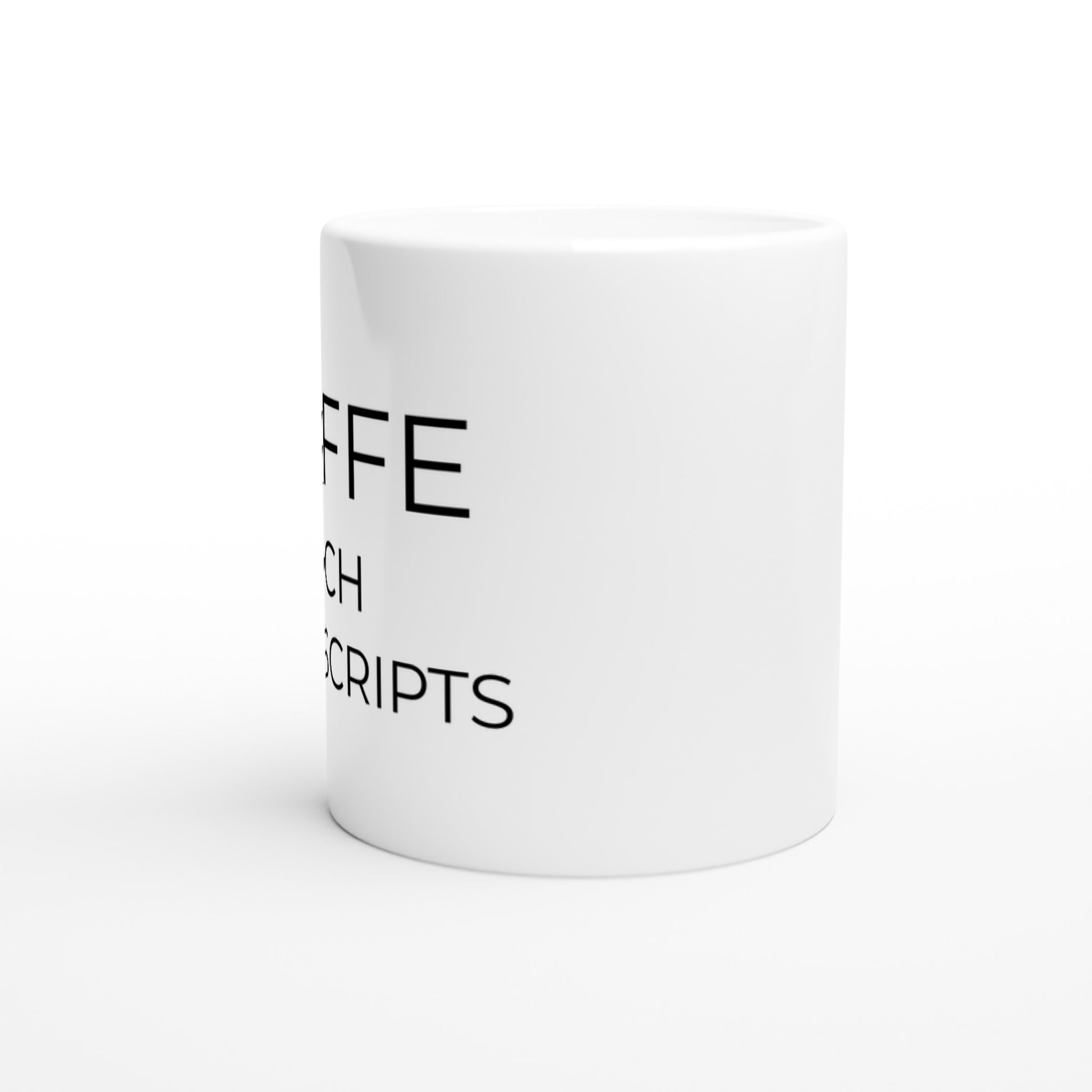 Mugg med kaffe och call scripts för säljare - humoristisk touch
