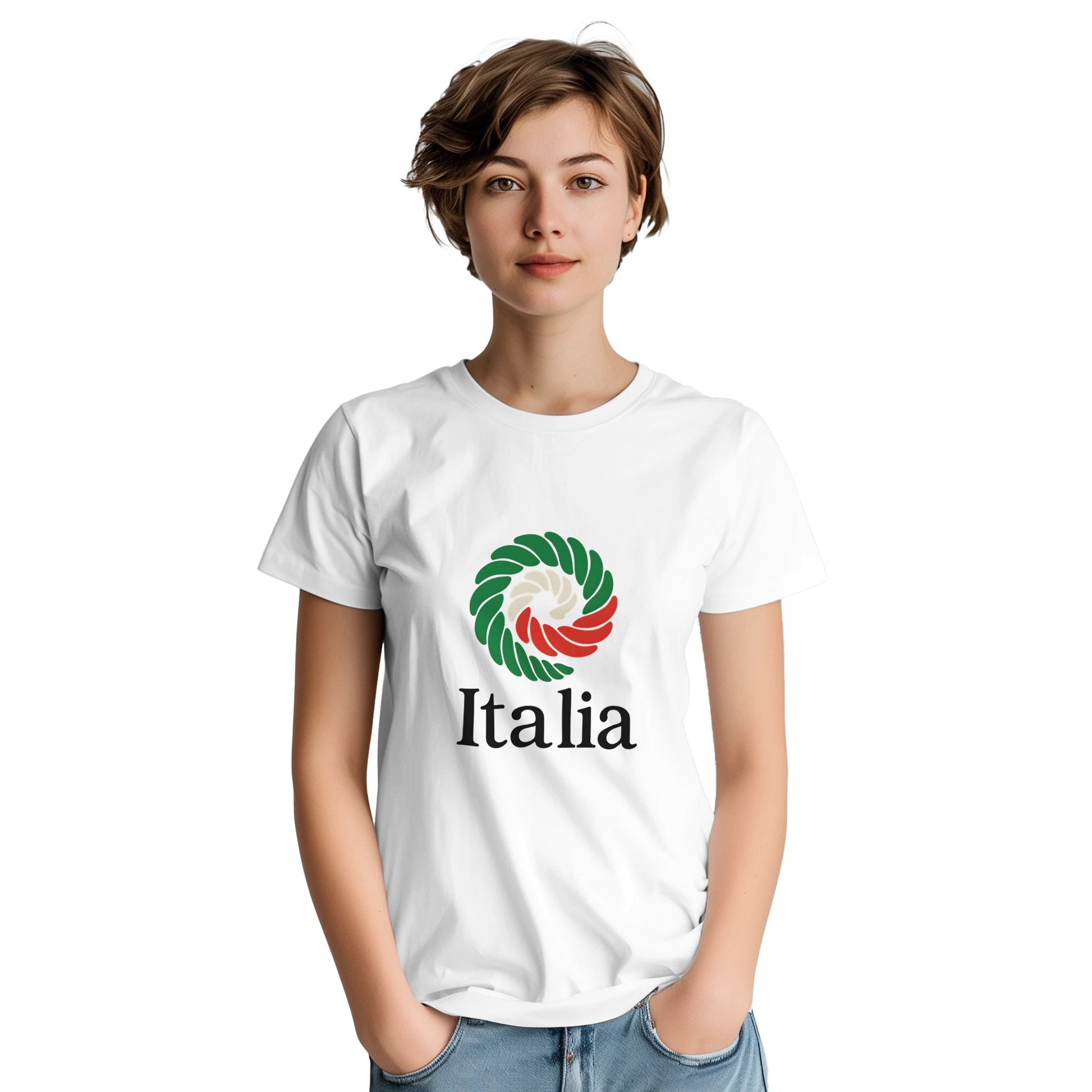 T-shirt med pastasnurra i flaggans färger och texten 'Italia'. Hyllning till Italiens passion och smaker!