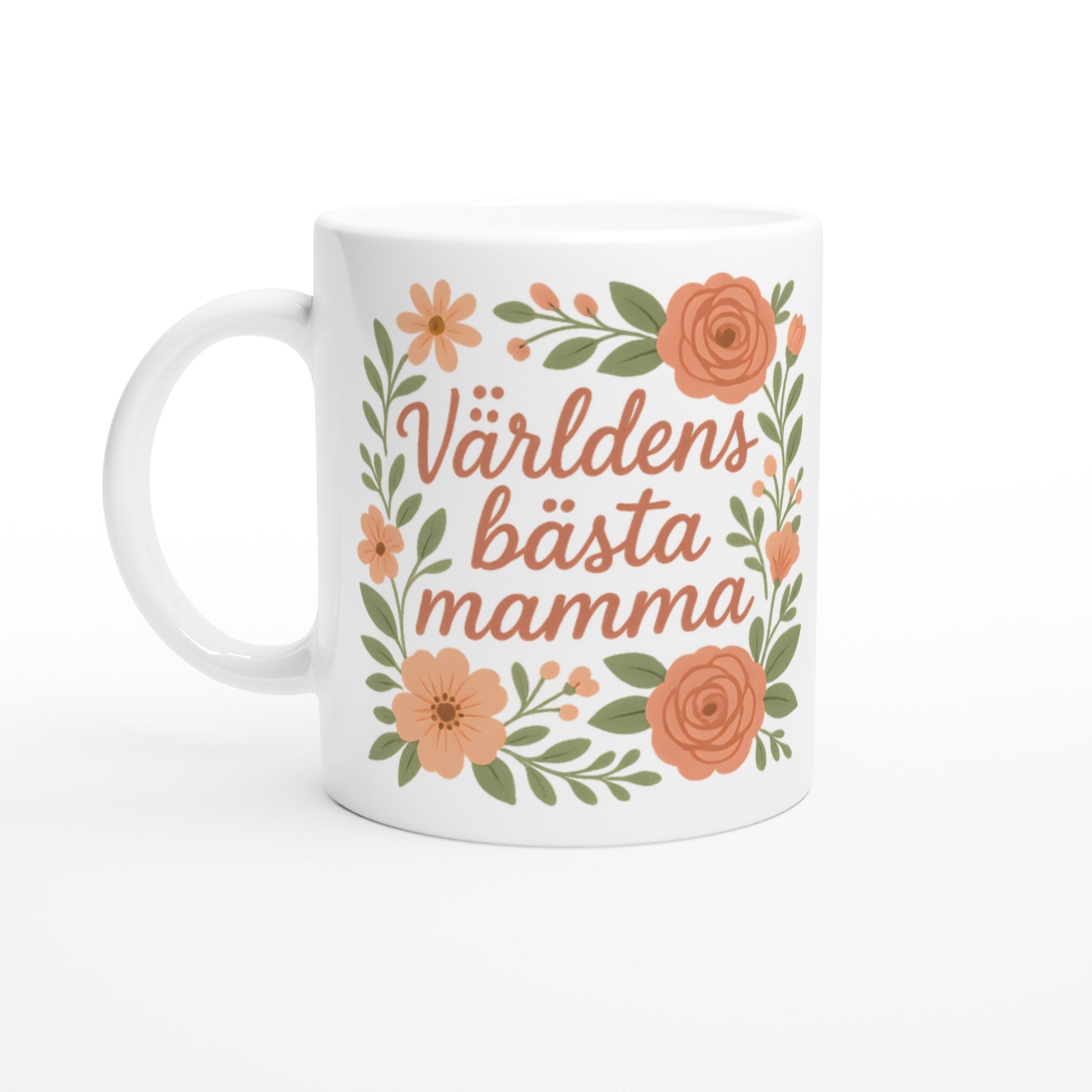 Mugg med texten 'Världens bästa mamma' i blomsterdesign. Överraska mamma och visa din kärlek varje dag. Perfekt present!