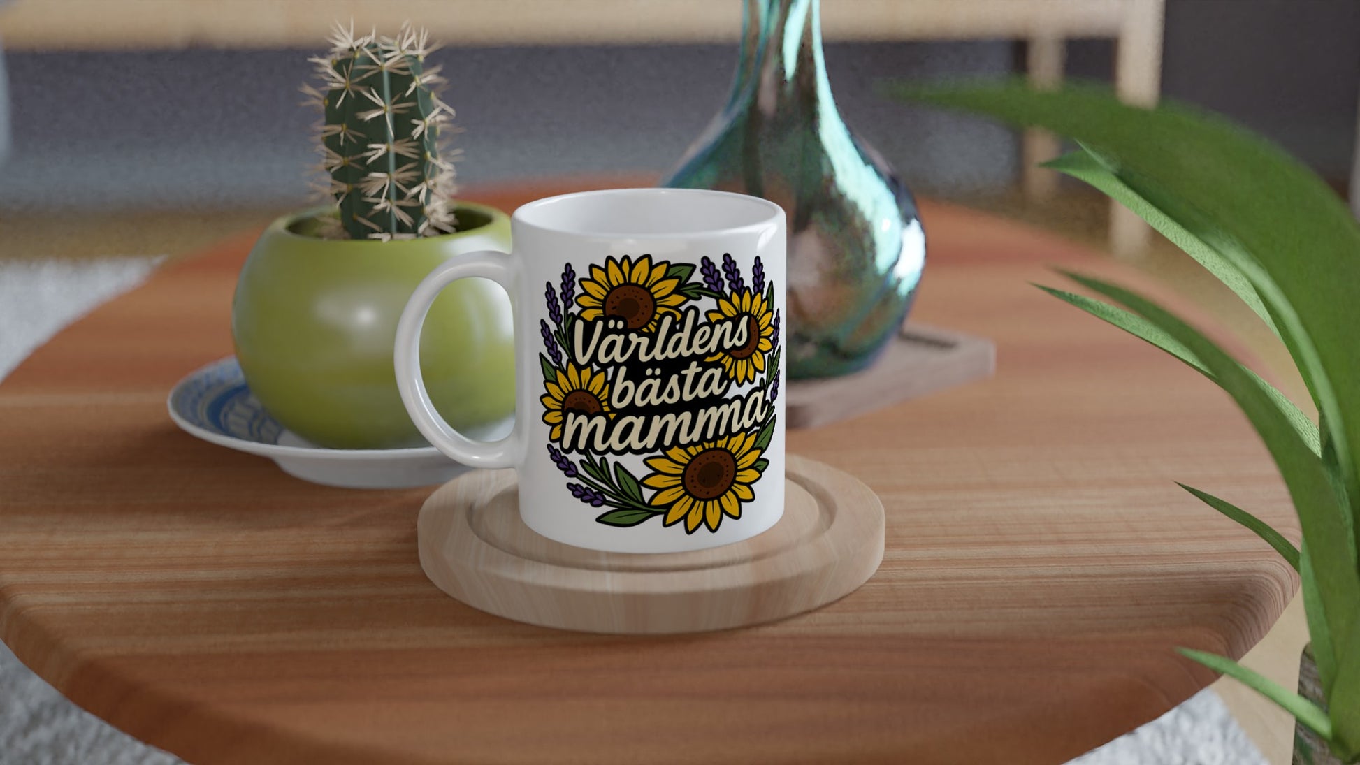 Mugg med texten Världens bästa mamma och blomsterkrans. Perfekt gåva för en kärleksfull mamma.