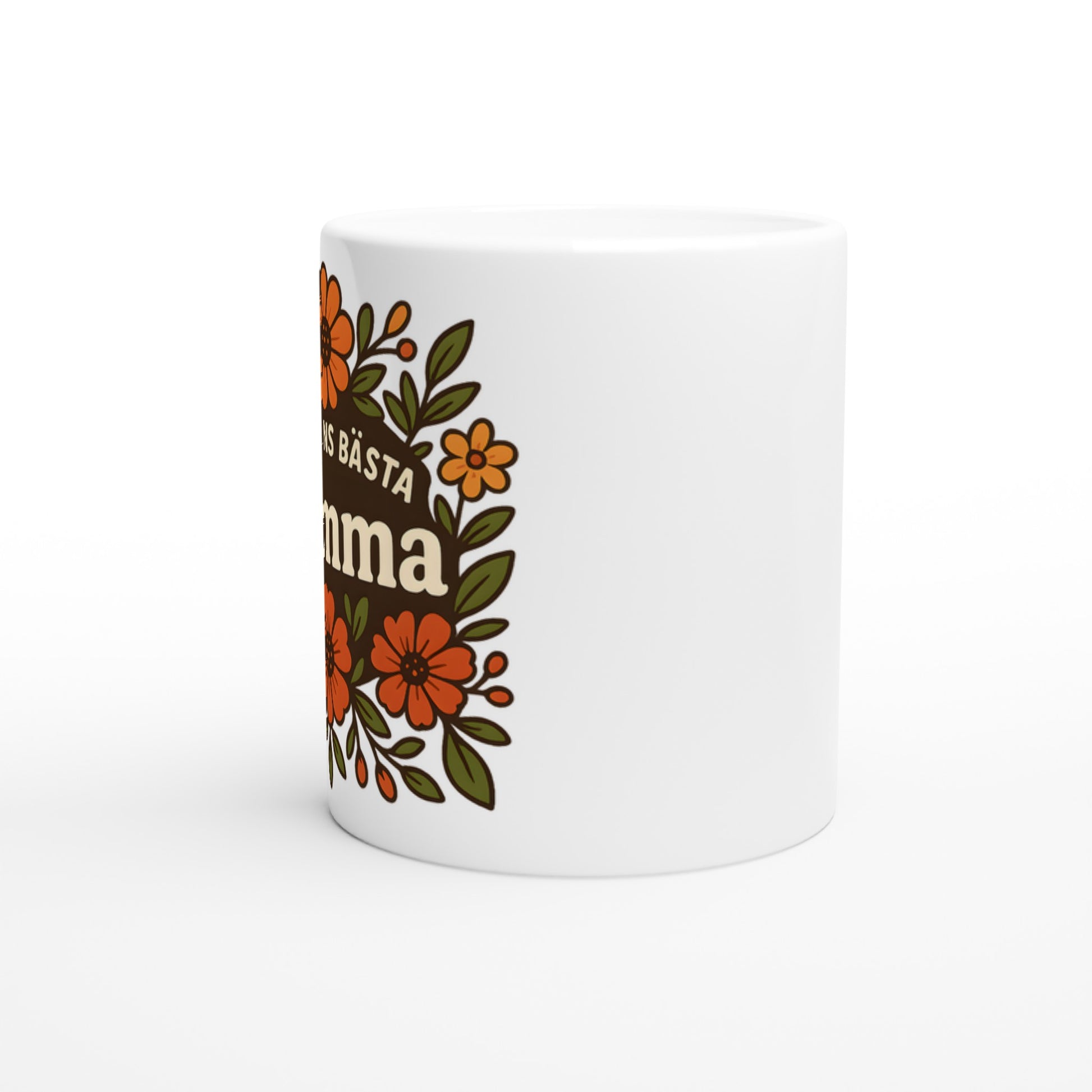 Mugg med blomstrande mönster och texten 'Världens bästa mamma' i fokus, omgiven av varma blommor. För att hedra mamman.