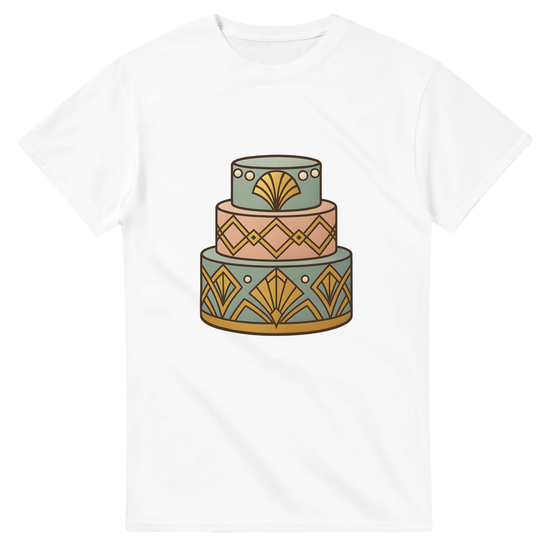 T-shirt med art deco-tårta, geometrisk design, pärlemordetaljer, lyxig känsla.