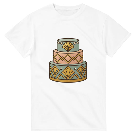 T-shirt med art deco-tårta, geometrisk design, pärlemordetaljer, lyxig känsla.