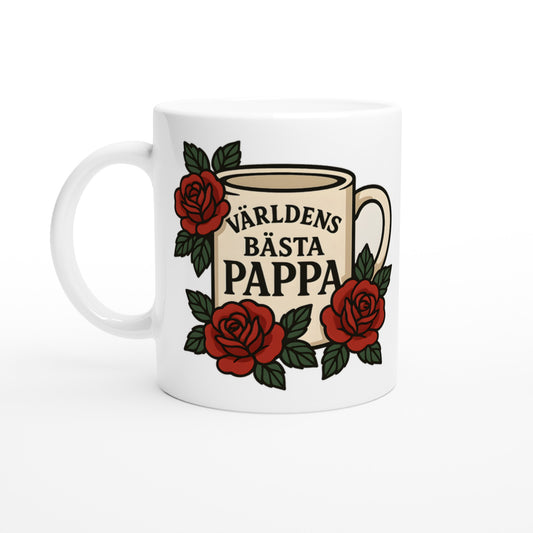 Mugg med rosdesign och typografi, perfekt för världens bästa pappa. Skönhet och känsla i en.